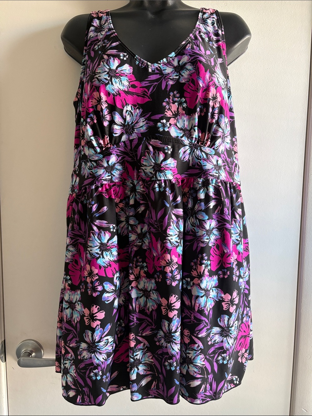 Blair Black Floral One-Piece Modest Swim Dress with Pink & Aqua Flowers SZ 16